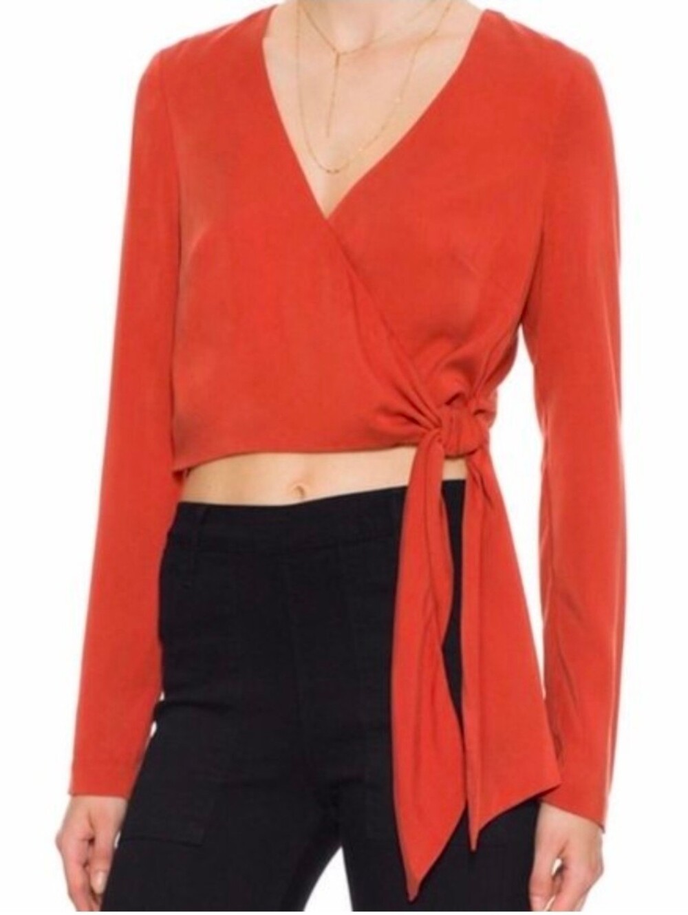 Intermix Whitney V-Neck Wrap Burnt Orange Long Sleeve Cropped Blouse sz L